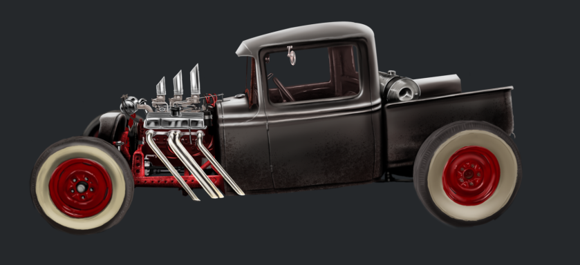 Realistic digital painting of hot-rod truck